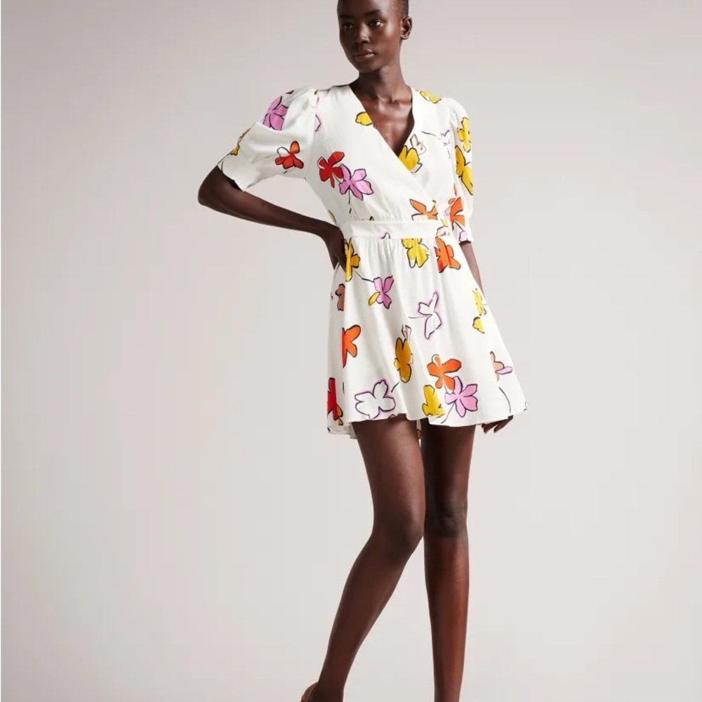 NWT Ted Baker Wesllie Wrap Front Printed Mini Dress White Size 2